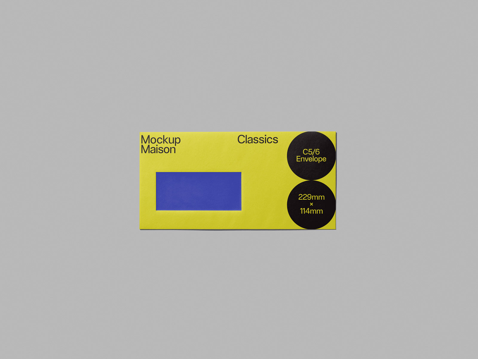 PSD mockup of a bright yellow envelope with black text and a blue rectangular window, labeled "Mockup Maison Classics," size 229mm x 114mm (C5/6).