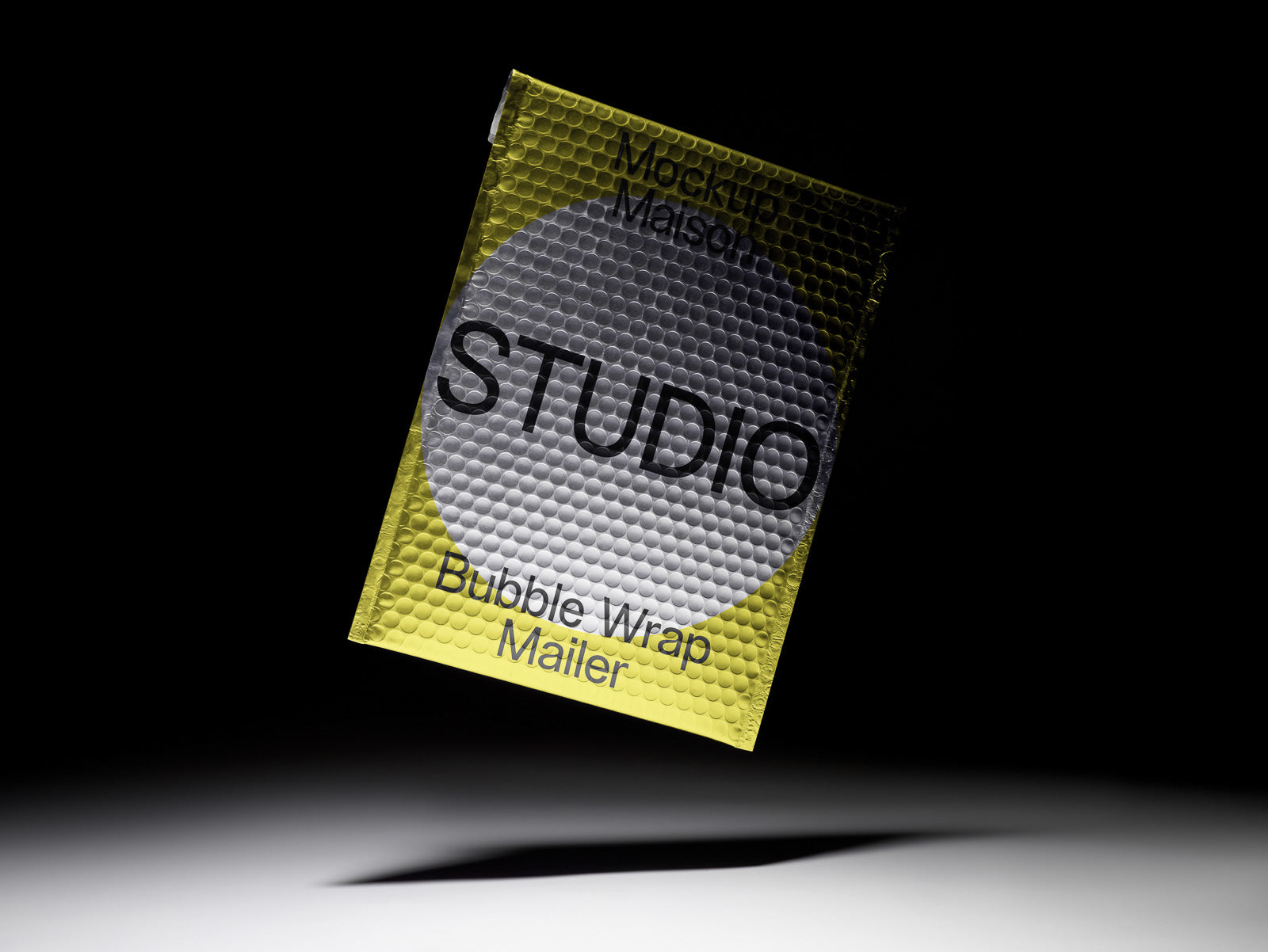 PSD mockup of a floating, textured bubble wrap mailer in dramatic lighting, highlighting its design and form against a dark background.
