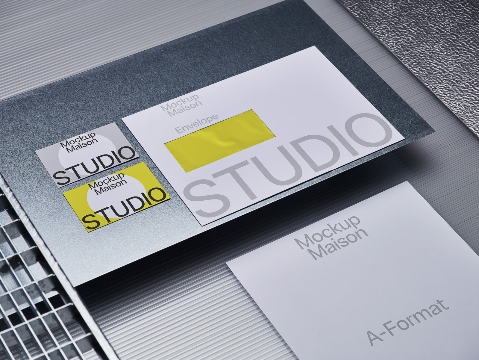 PSD mockup of stationery set including envelope, business cards, and a letterhead with "Mockup Maison" and "STUDIO" branding in a modern layout.