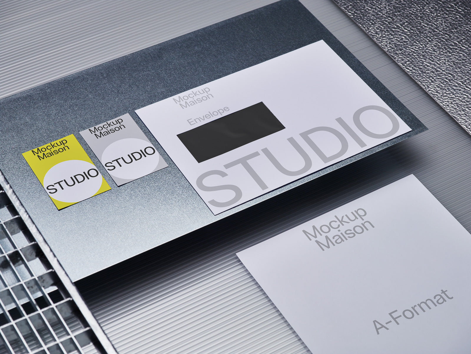 PSD mockup of a studio branding set with two business cards, an envelope, and a paper sheet on a textured metal surface.