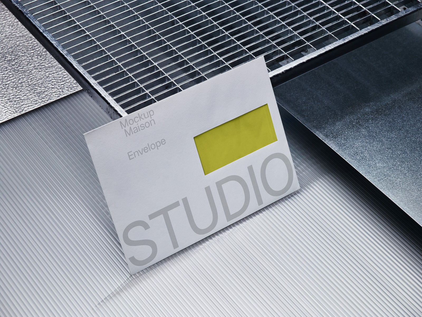 PSD mockup of an envelope with "STUDIO" text on a textured, metallic background, featuring a yellow rectangular window.