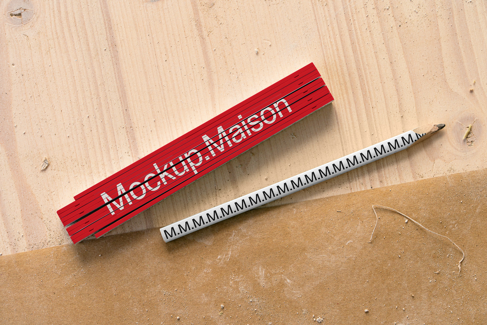 PSD mockup of a red folding ruler with "MockupMaison" text beside a pencil with "M.M.M.M.M." pattern on a wooden surface.