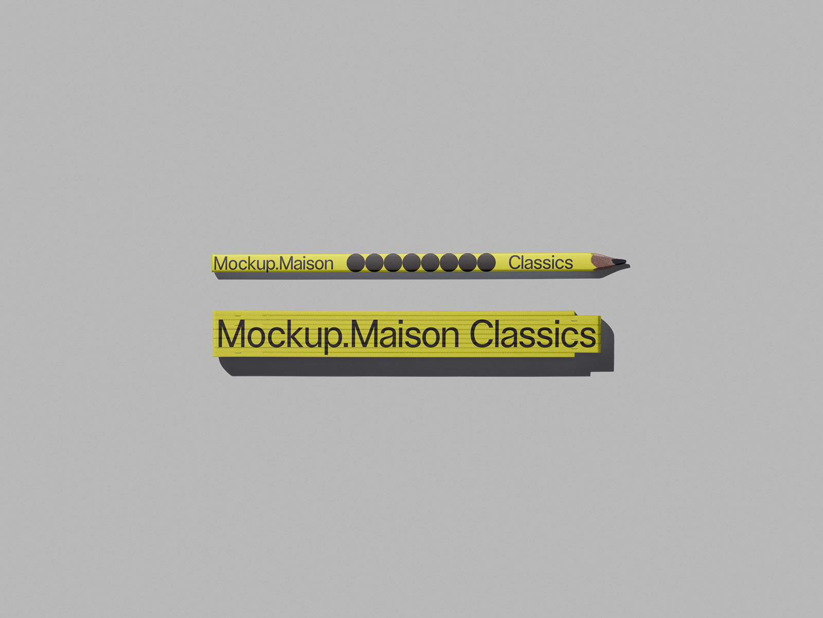 PSD mockup of a yellow pencil with "Mockup. Maison Classics" text and black dots on a solid gray background.