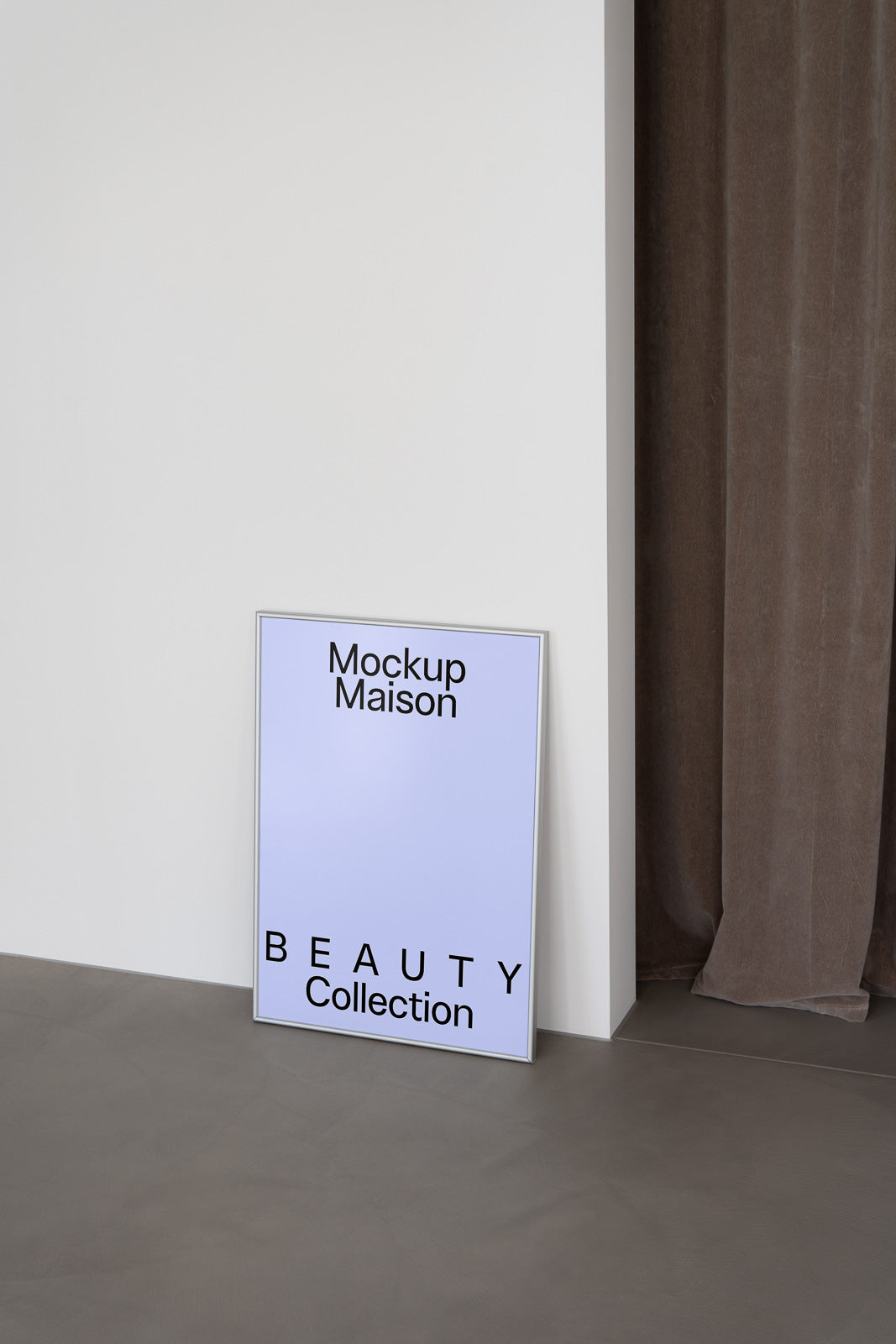PSD mockup of a framed poster leaning against a white wall with soft lighting, featuring the text "Mockup Maison" and "BEAUTY Collection" on the surface.
