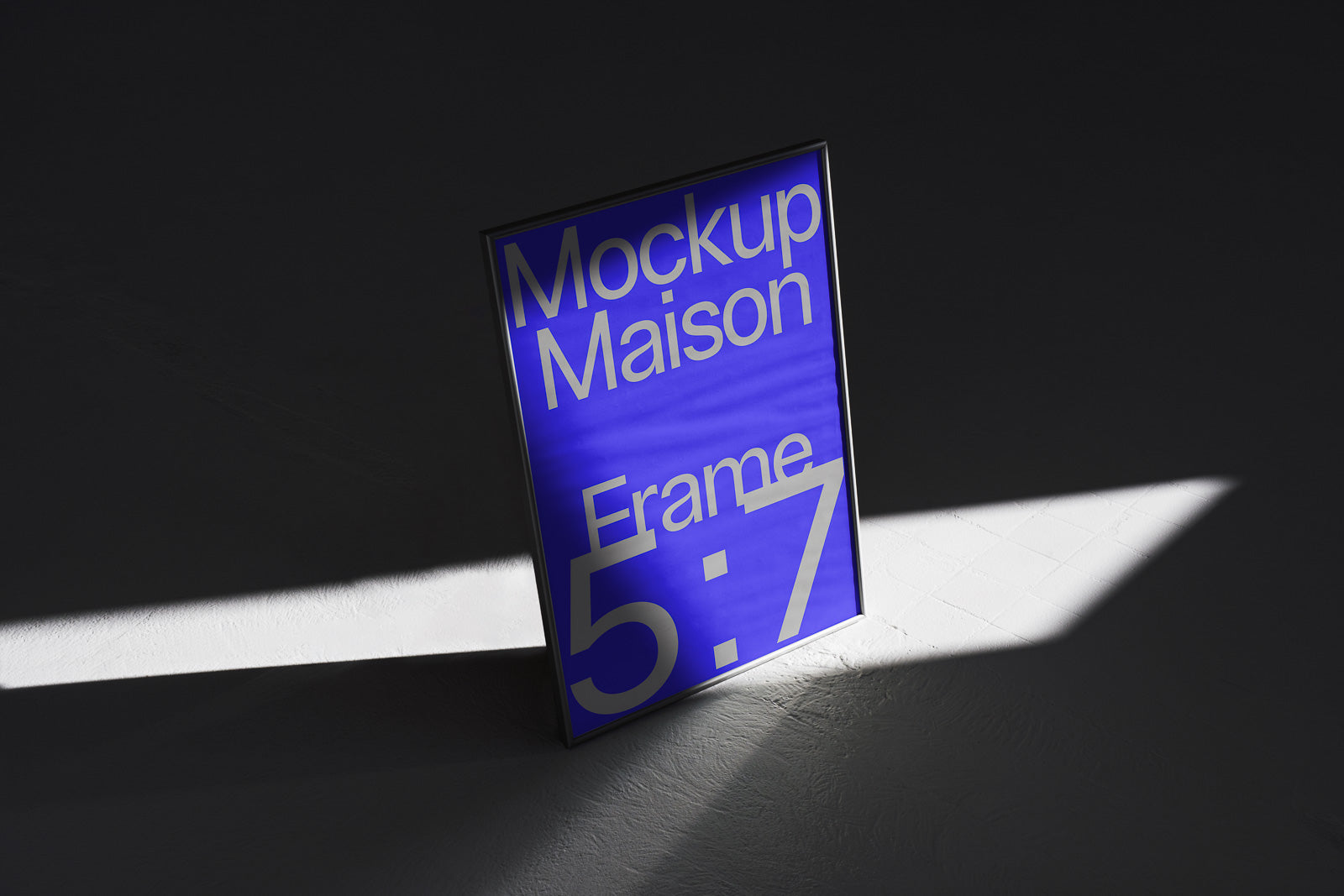 PSD mockup of a 5:7 frame in blue with bold white text, casting a shadow on a dark surface, highlighting its sleek design and modern aesthetic.