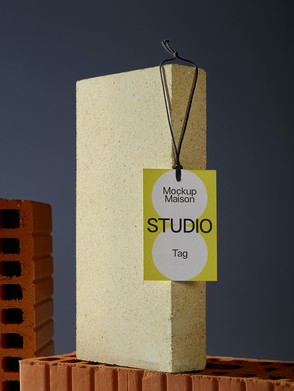 PSD mockup of a rectangular rough-textured block standing on red bricks, featuring a hanging tag labeled "Mockup Maison STUDIO Tag" against a dark background.