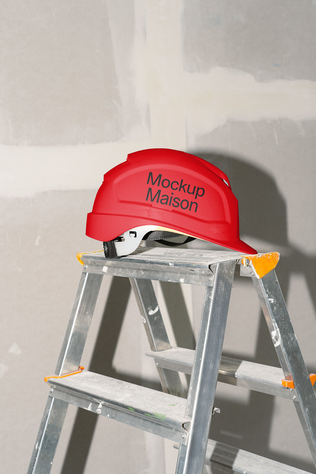 PSD mockup of a red hard hat with "Mockup Maison" text, resting on a silver ladder against a partially plastered wall, highlighting construction themes.