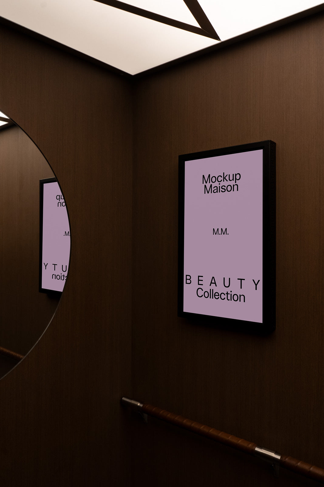 PSD mockup of an elevator interior with a framed beauty collection poster on a wooden wall, reflected in a circular mirror.