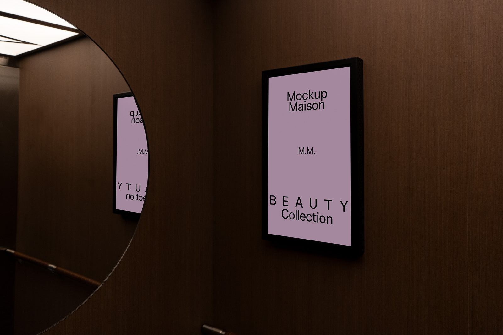 PSD mockup of a framed poster with text "Mockup Maison" and "Beauty Collection" on a brown wall, mirrored by a round mirror.