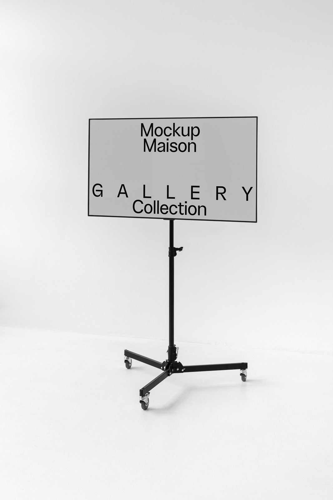 PSD mockup of a gallery sign on a stand with wheels in a minimalist room, displaying "Mockup Maison Gallery Collection" text.