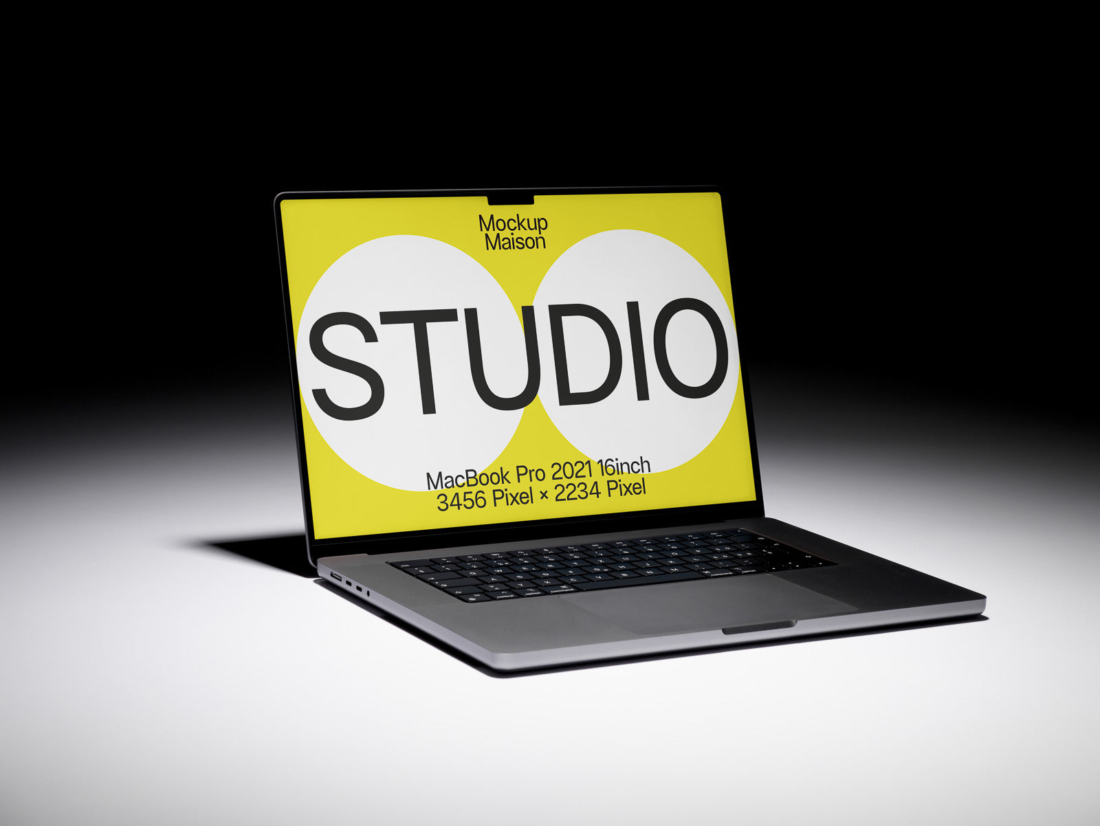 PSD mockup of a MacBook Pro 2021 16-inch with a vibrant yellow screen displaying the word "STUDIO" and resolution details.