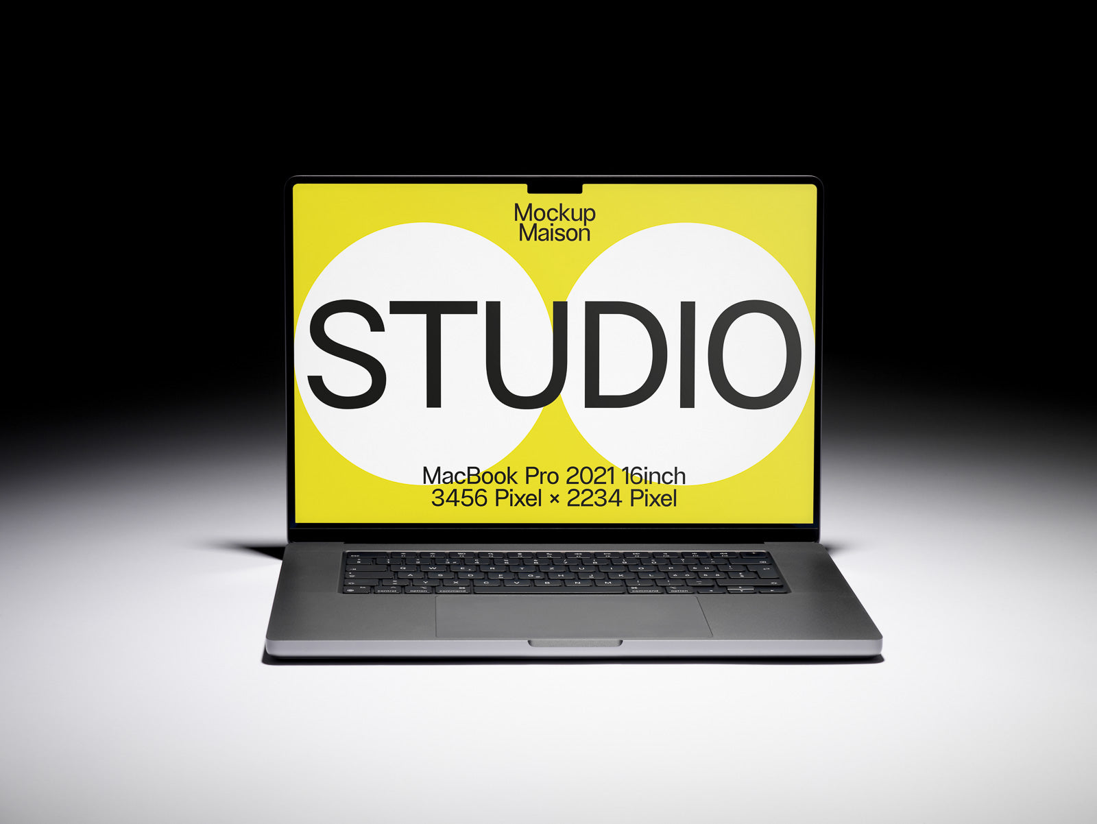 PSD mockup of a MacBook Pro 2021 16-inch laptop displaying a yellow and white design with the text "STUDIO" in bold on screen.