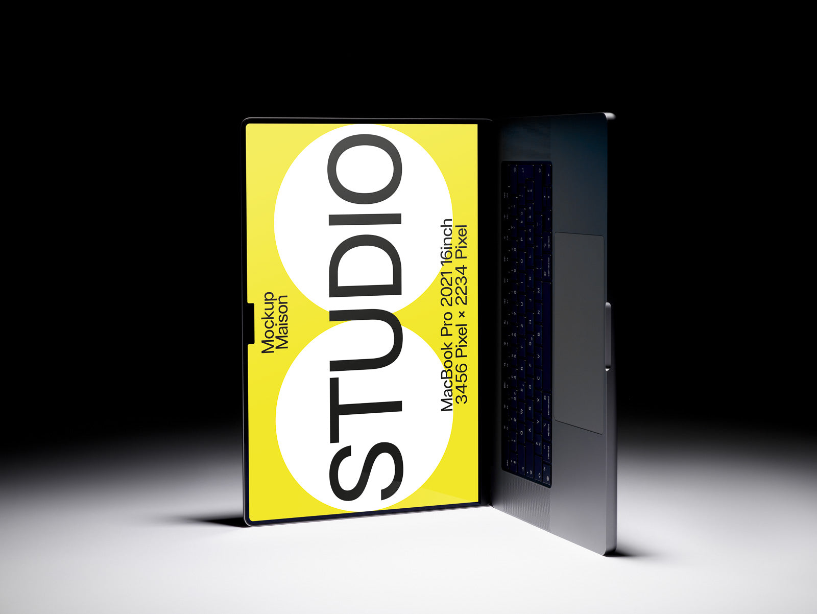 PSD mockup of an open MacBook Pro 2021, 16-inch, displaying a bright yellow screen with the word "STUDIO" and additional text about resolution and mockup provider.