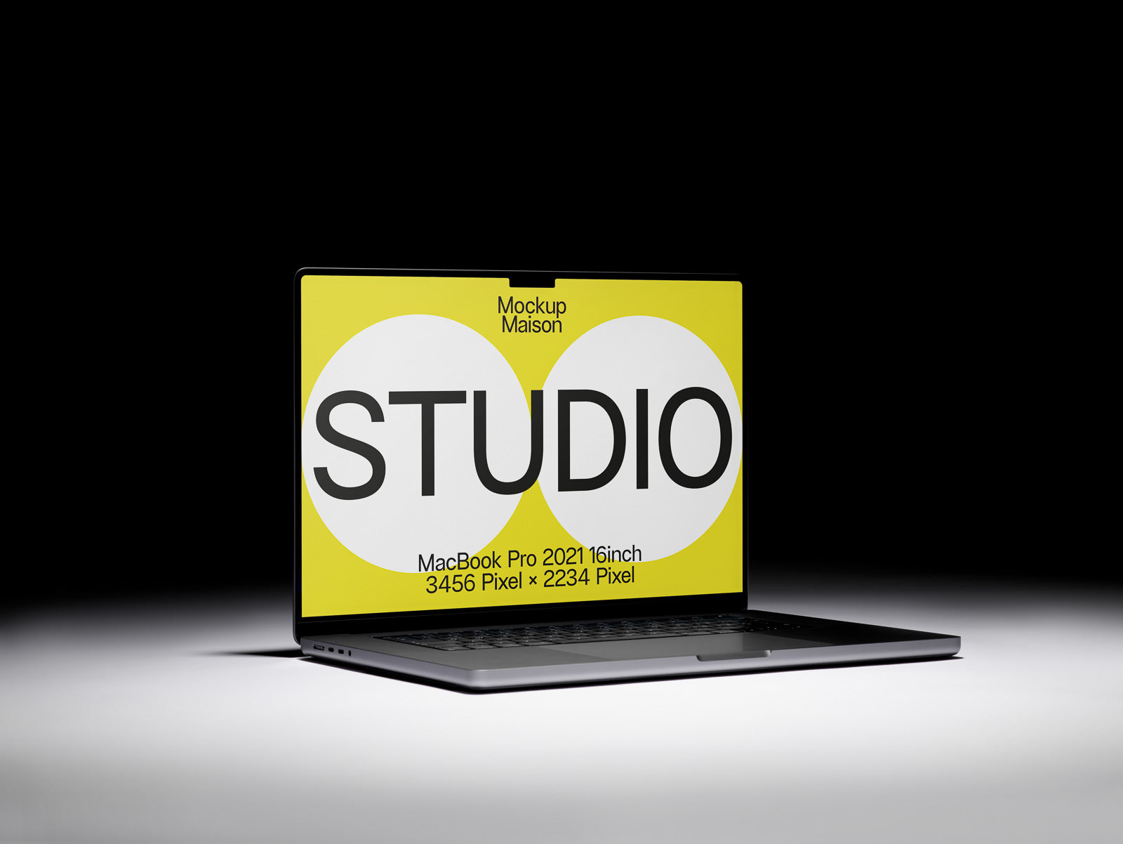 PSD mockup of a MacBook Pro 2021 16-inch with a bright yellow screen displaying the word "STUDIO" in bold letters, set against a dark background.