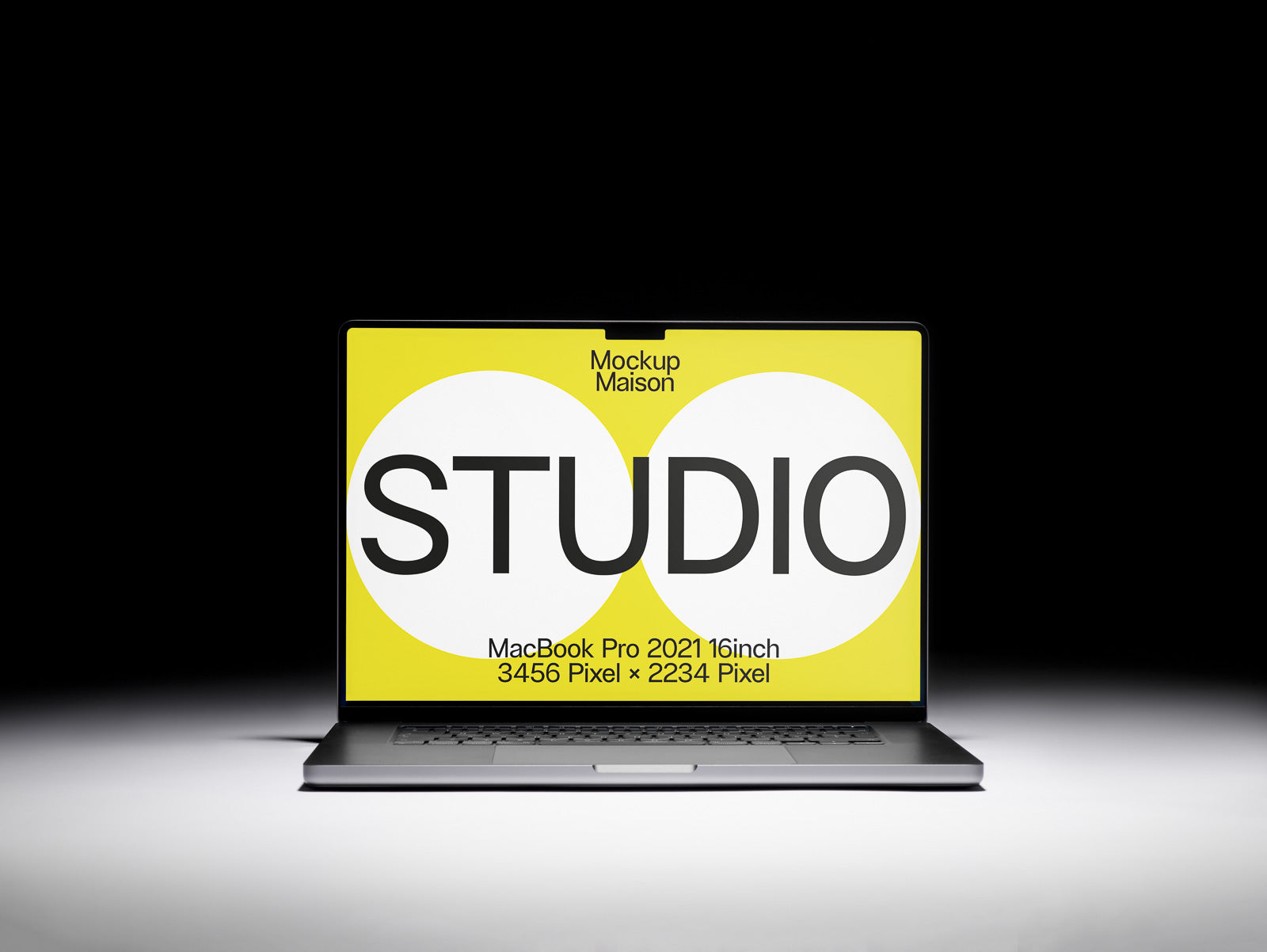 PSD mockup of a MacBook Pro 2021 16-inch displaying a yellow screen with bold "STUDIO" text and resolution details: 3456 x 2234 pixels.
