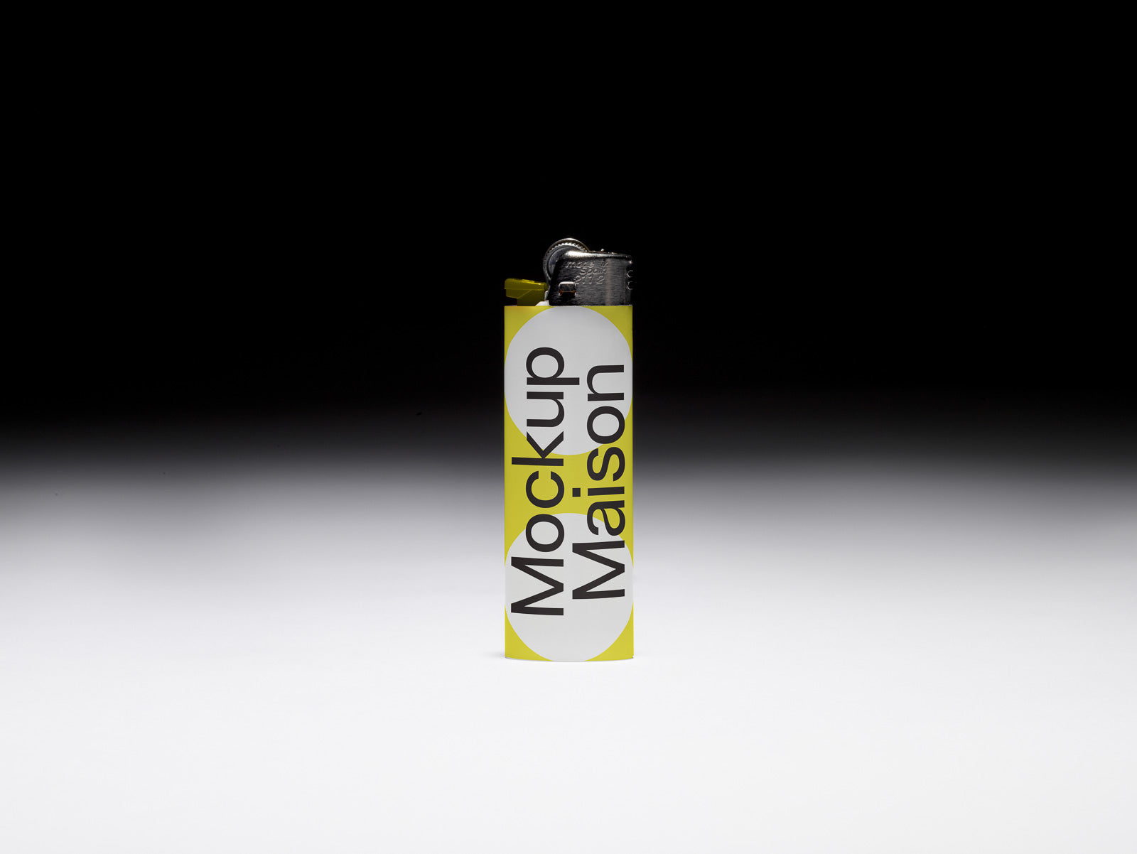 PSD mockup of a lighter with "Mockup Maison" branding, set against a gradient background from shadow to light, displaying a modern minimalist design.
