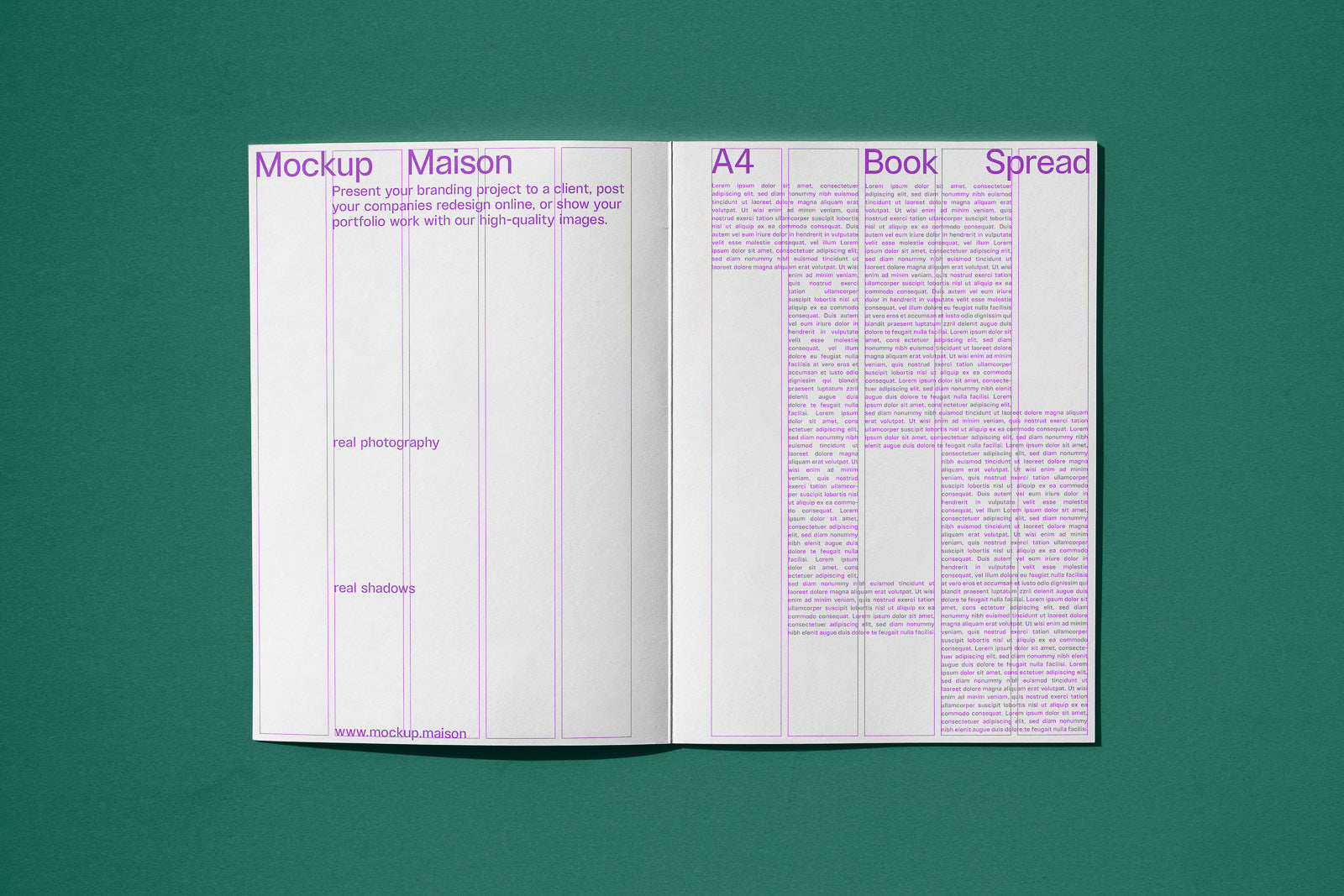 PSD mockup of an open A4 book spread with text and lines on a green background. Features include real shadows and photography for realistic presentation.