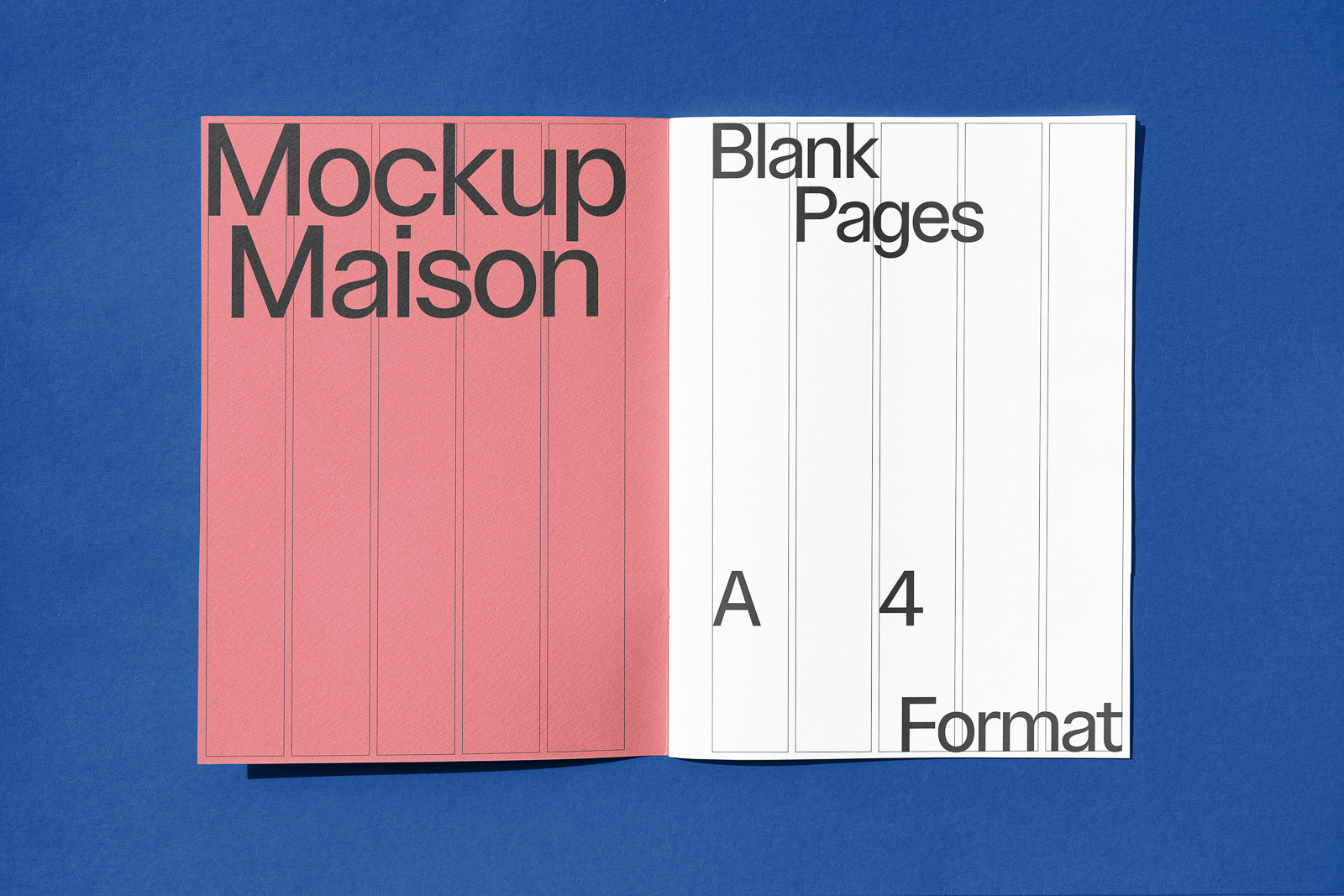 PSD mockup of an open booklet with a red cover on the left reading "Mockup Maison" and blank white pages on the right labeled "Blank Pages A4 Format" on a blue background.