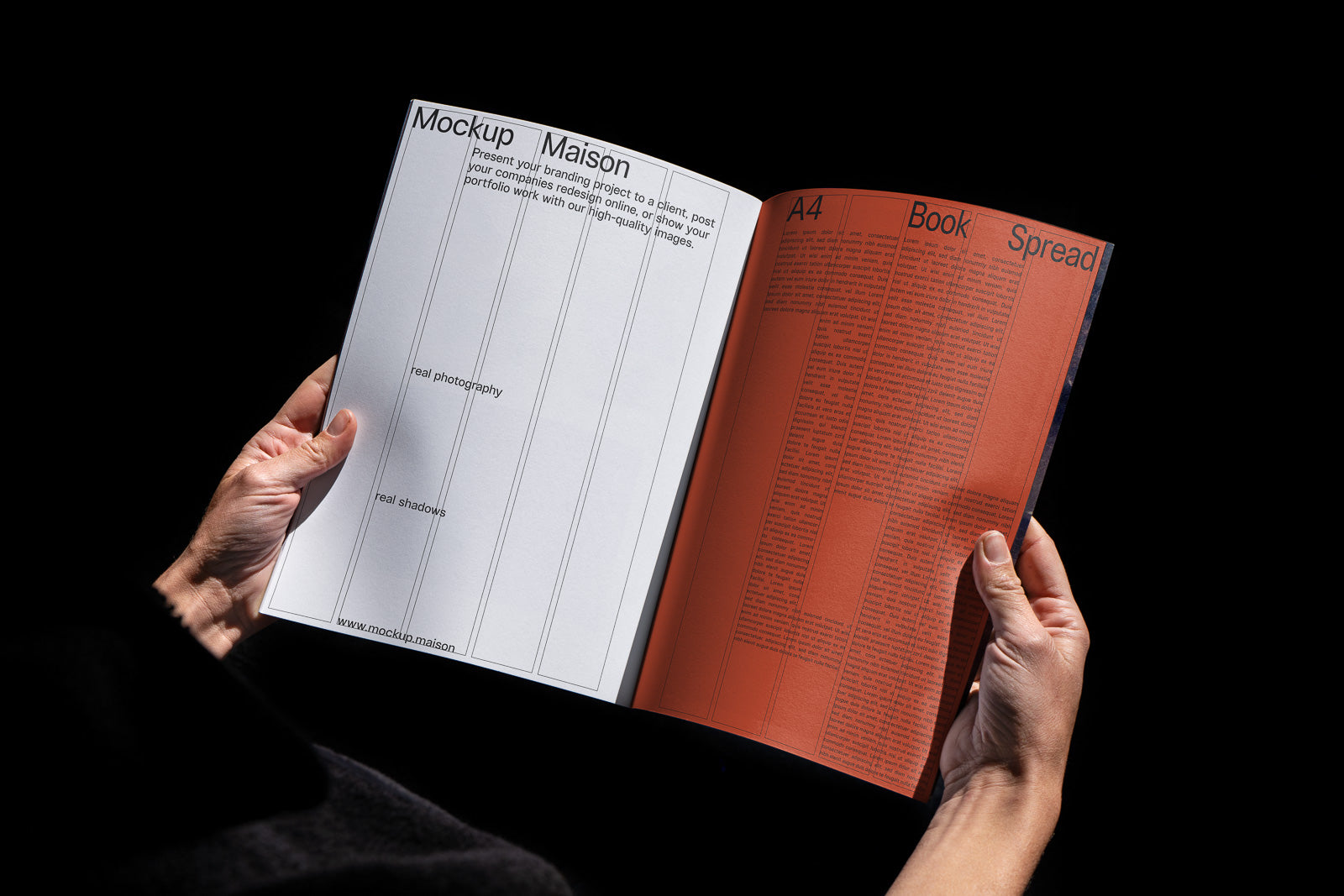 PSD mockup of a person holding an open A4 booklet with a blank left page labeled for photography and shadows, and a right page filled with red text blocks.