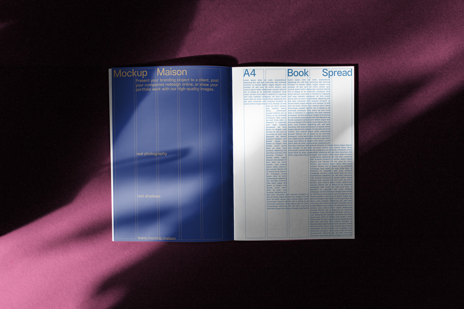 PSD mockup of an open A4 book spread on a textured purple surface, featuring a layout with blue and white pages under soft natural lighting.