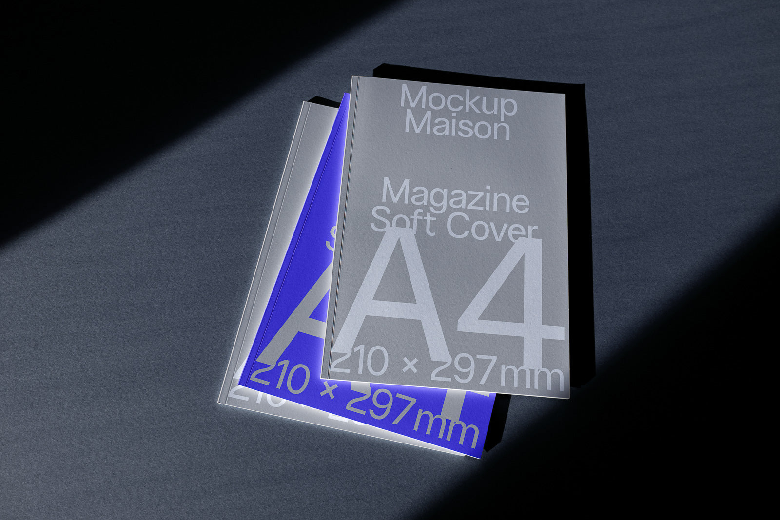 PSD mockup of A4 magazine soft cover displayed under angled light, showcasing design and dimensions 210 x 297 mm in a layered format.