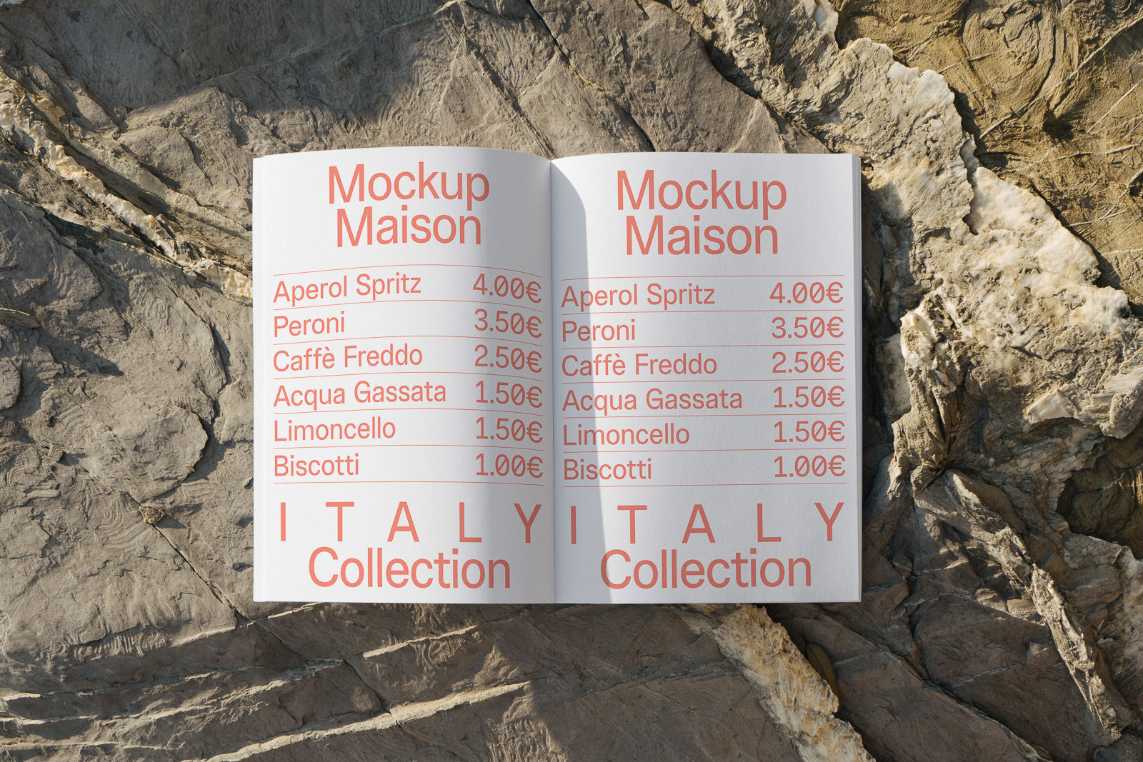 PSD mockup of an open menu on textured rock showing drink prices like Aperol Spritz and Peroni, with "Italy Collection" at the bottom.