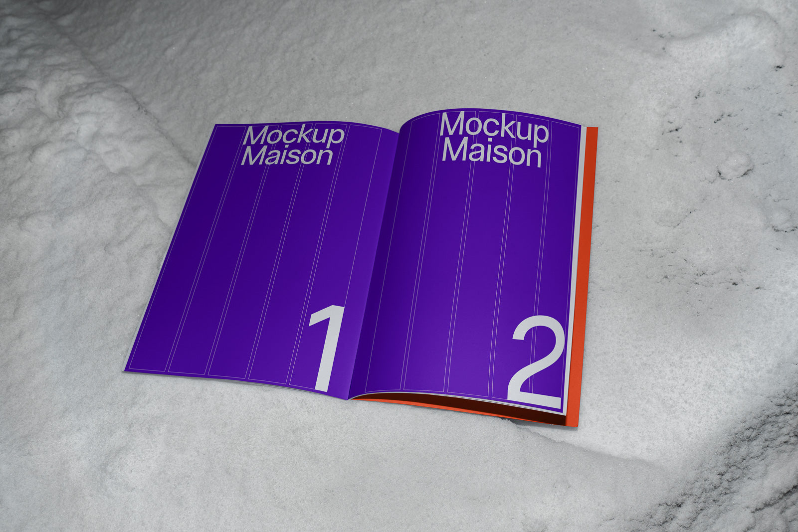 PSD mockup of an open purple booklet with the words "Mockup Maison" on each page, numbered 1 and 2, placed on a snowy surface.