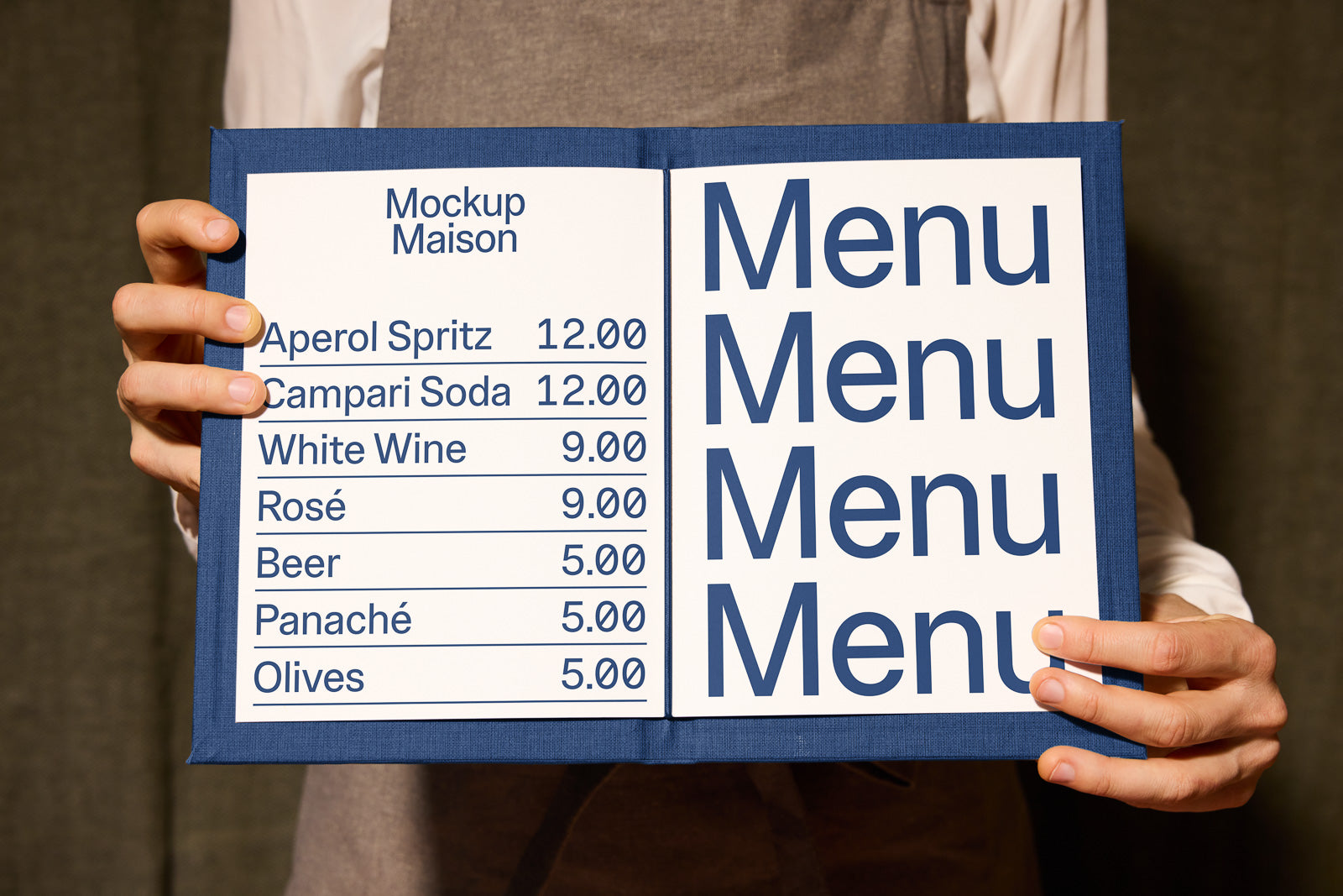 PSD mockup of an open menu held by a person, featuring drink names like Aperol Spritz, Campari Soda, and prices in bold font.