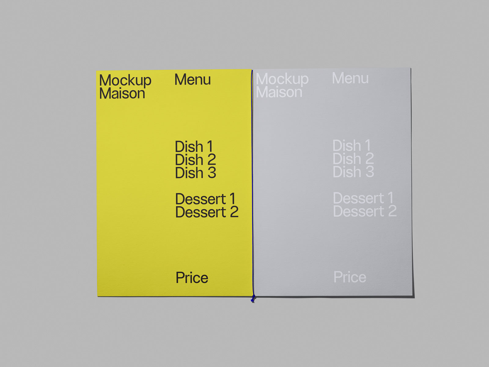 PSD mockup of a two-sided menu card design featuring a bright yellow and gray layout, with dish and dessert listings under "Mockup Maison Menu."