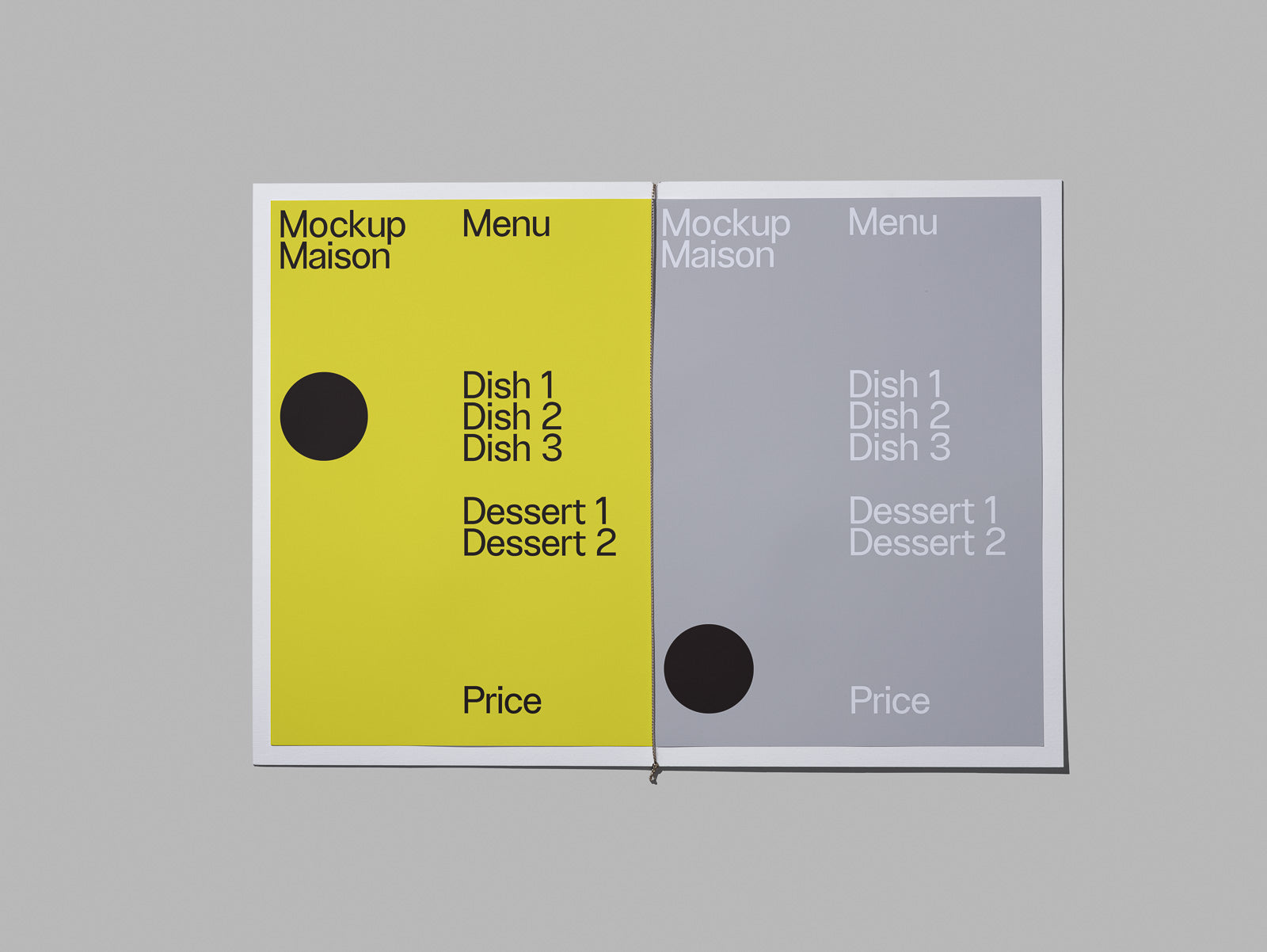 PSD mockup of a dual-page restaurant menu, featuring a yellow and gray color scheme with listed dishes and desserts, and a circular graphic element.