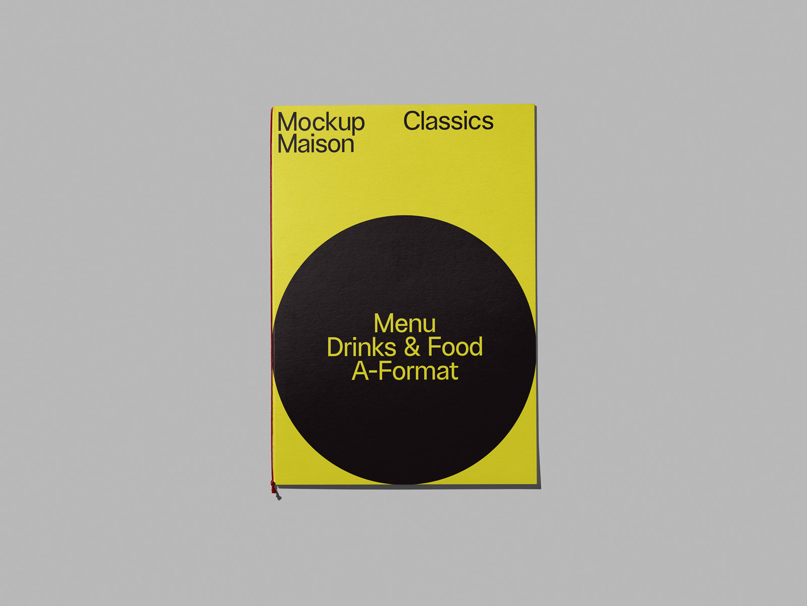 PSD mockup of a yellow and black menu design with text "Mockup Maison Classics" and "Menu Drinks & Food A-Format" on a gray background.