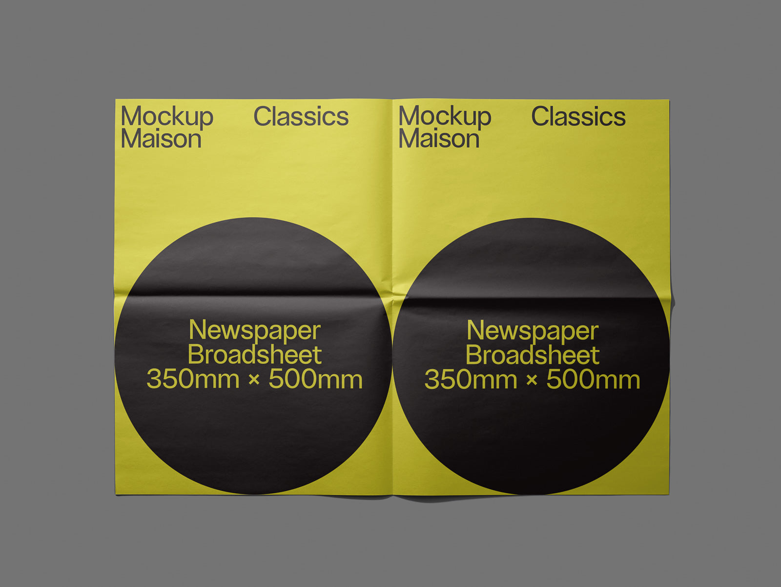 PSD mockup of an open yellow broadsheet newspaper with "Mockup Maison Classics" and "Newspaper Broadsheet 350mm × 500mm" in large black text.