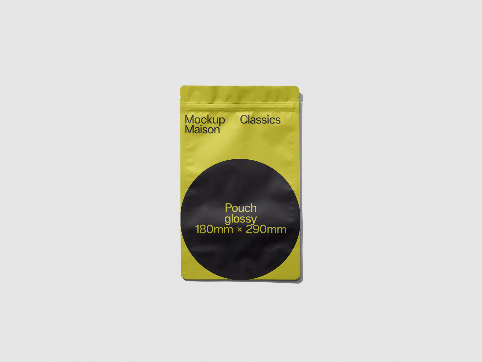 PSD mockup of a yellow and black glossy pouch labeled "Mockup Maison Classics" with dimensions 180mm x 290mm displayed on a light background.