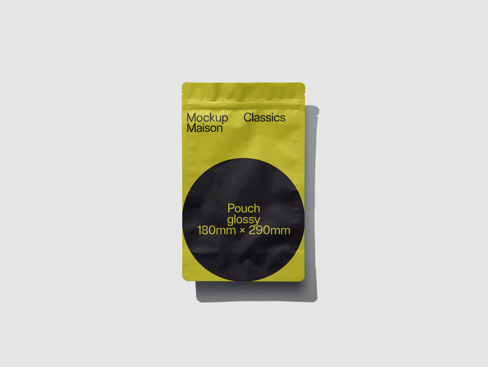 PSD mockup of a glossy yellow pouch with text "Mockup Maison Classics" and "Pouch glossy 180mm x 290mm" on a light gray background.