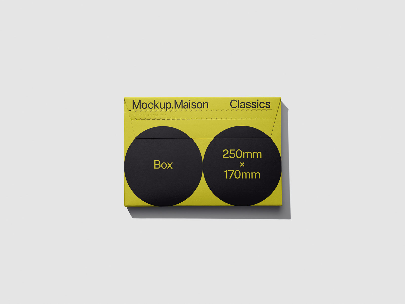 PSD mockup of a yellow envelope with "Mockup.Maison Classics" printed, featuring two black circles labeled "Box" and "250mm x 170mm."