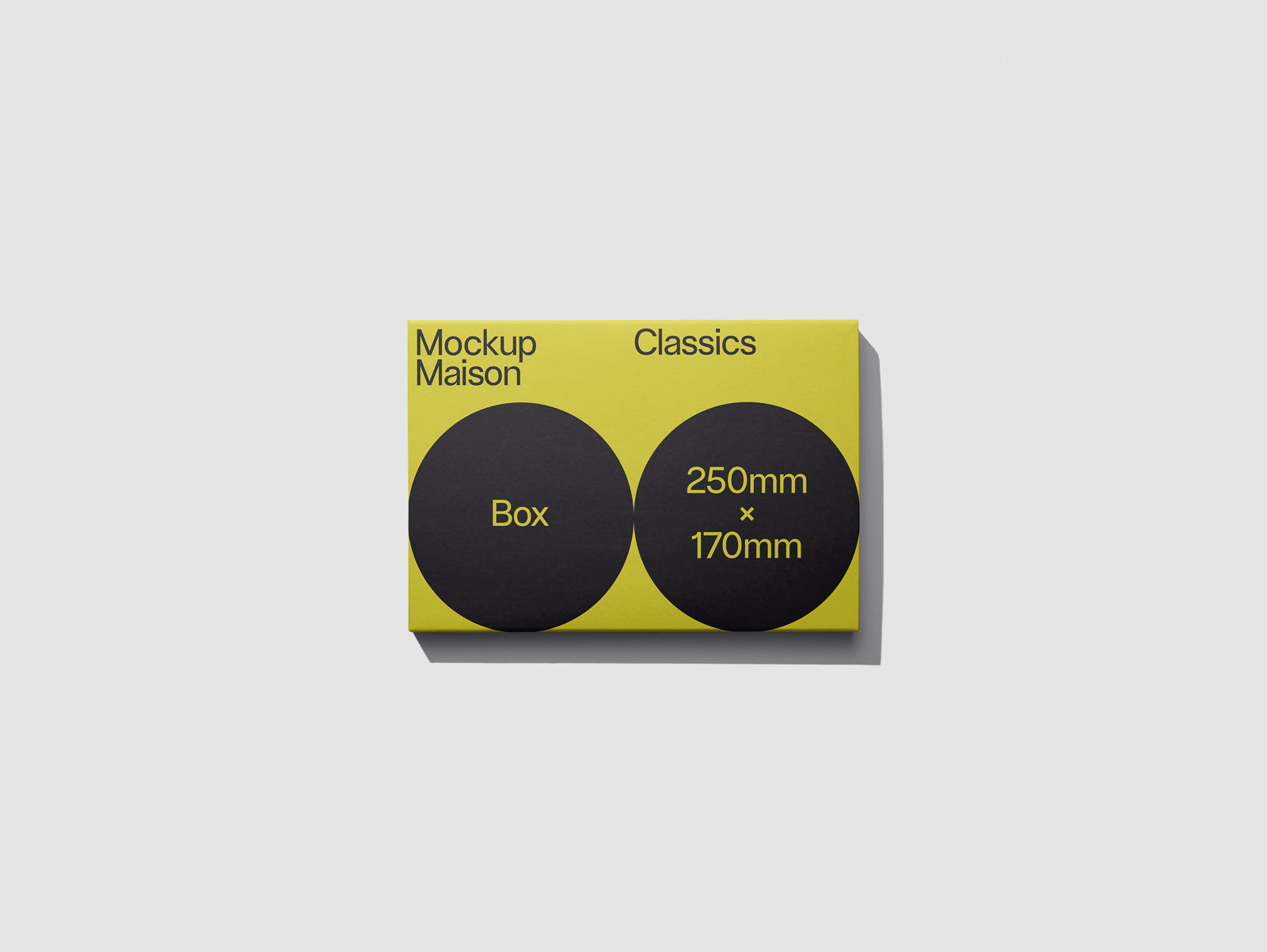 PSD mockup of a rectangular yellow box with "Mockup Maison Classics" text and black circles displaying "Box" and "250mm x 170mm".