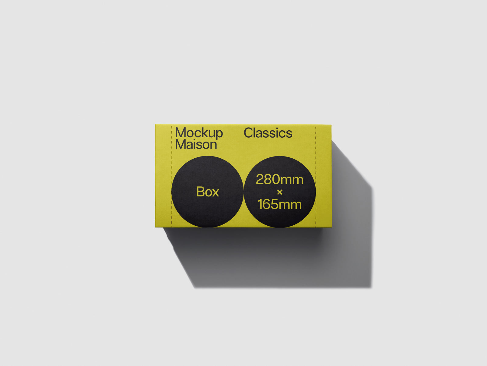 PSD mockup of a rectangular yellow box with black circles labeled "Mockup Maison Classics," "Box," and dimensions "280mm x 165mm" against a light gray background.