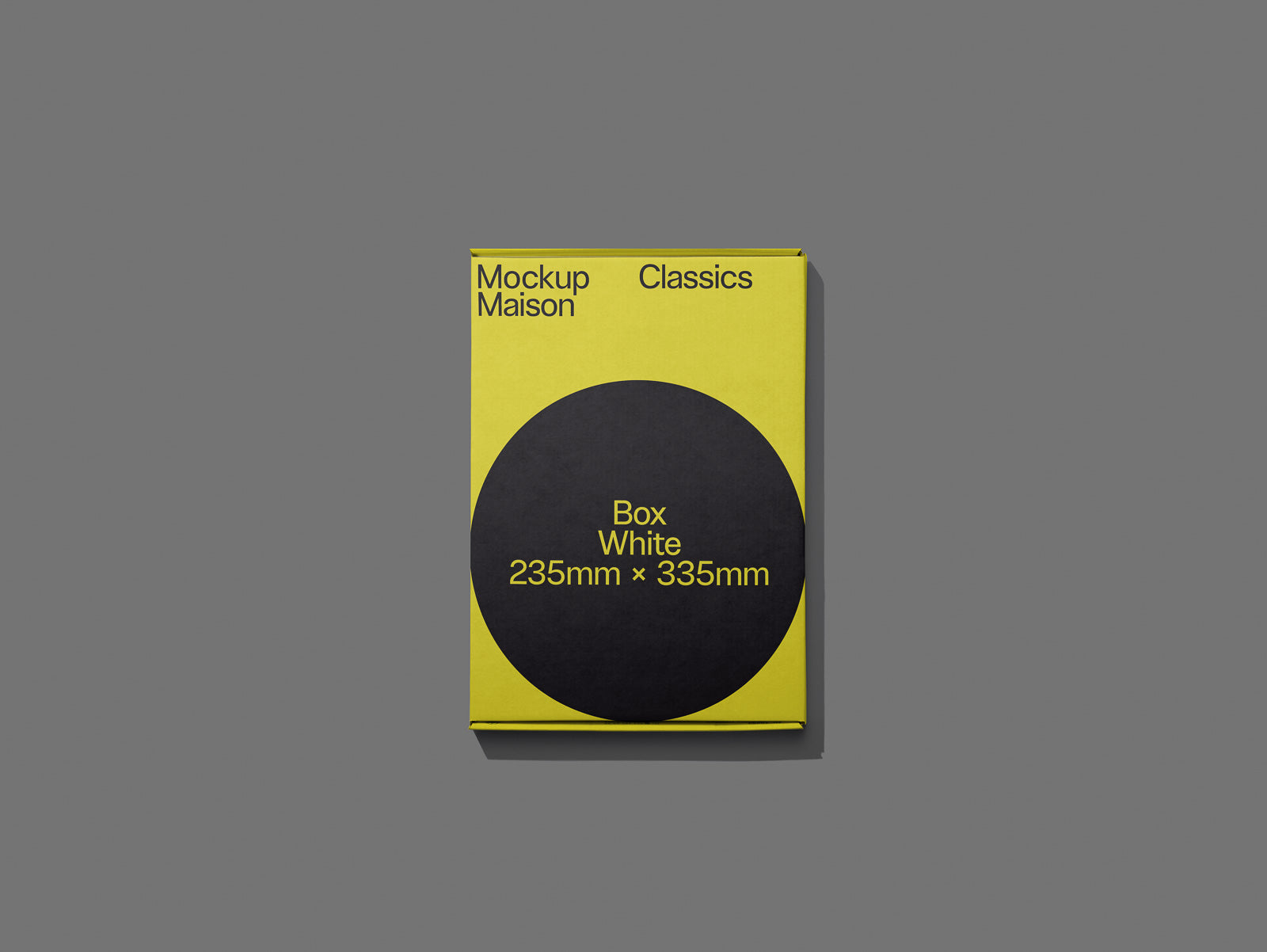 PSD mockup of a boxed product labeled "Mockup Maison Classics" with dimensions 235mm x 335mm on a gray background, featuring bold yellow and black design.