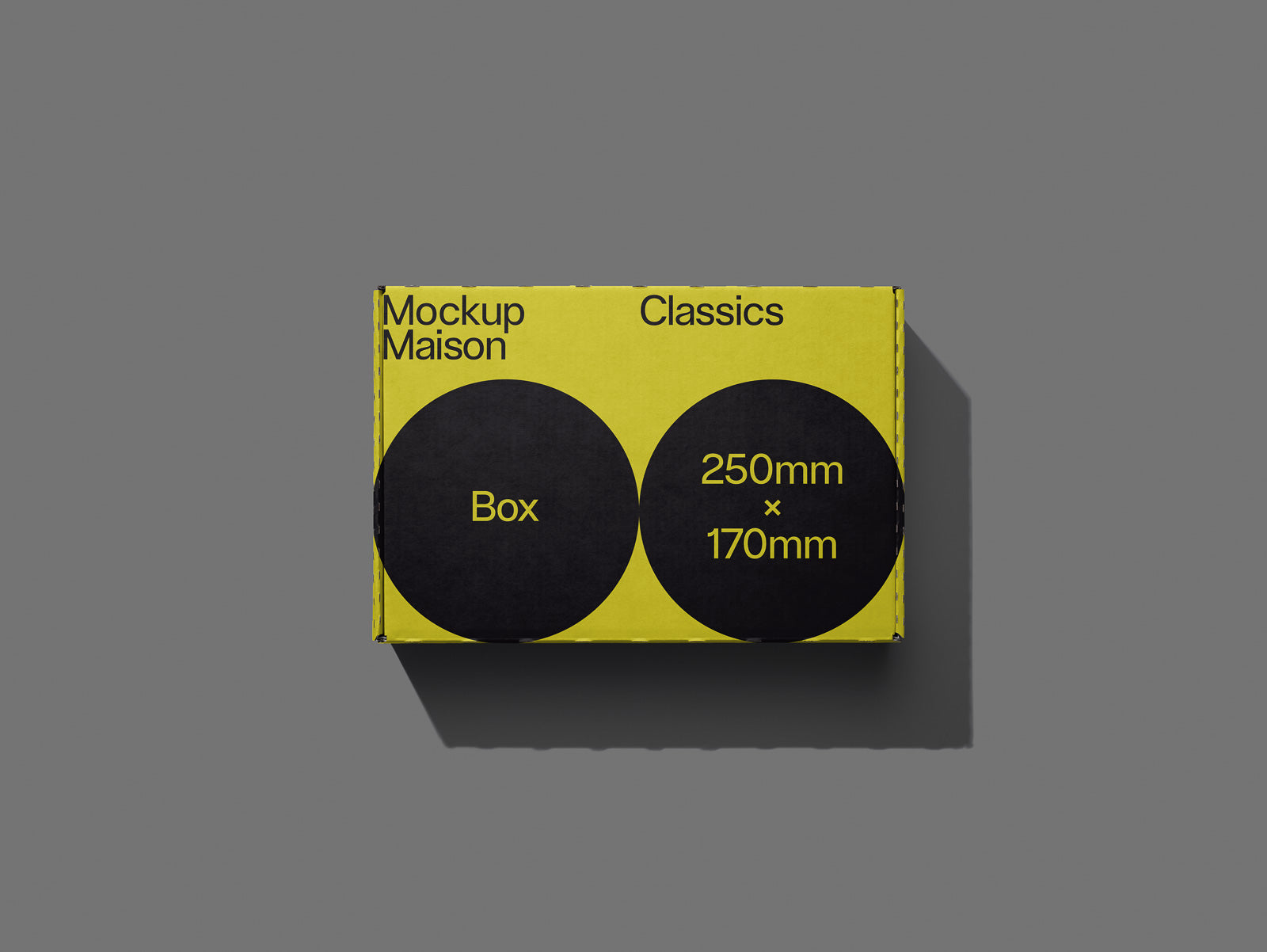 PSD mockup of a yellow box with black circles labeled "Mockup Maison Classics," featuring dimensions 250mm x 170mm on a gray background.