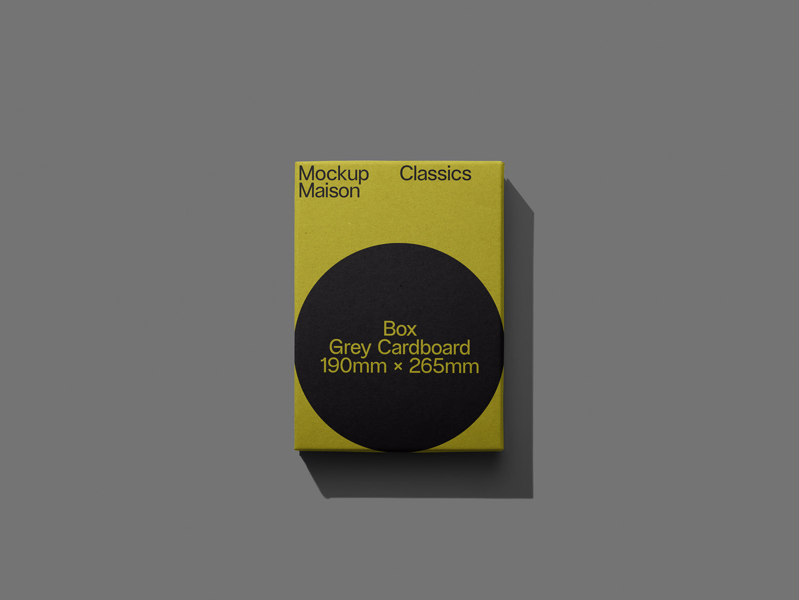 PSD mockup of a yellow-grey cardboard box, labeled "Mockup Maison Classics" and "Box Grey Cardboard 190mm × 265mm" in a minimalist design.