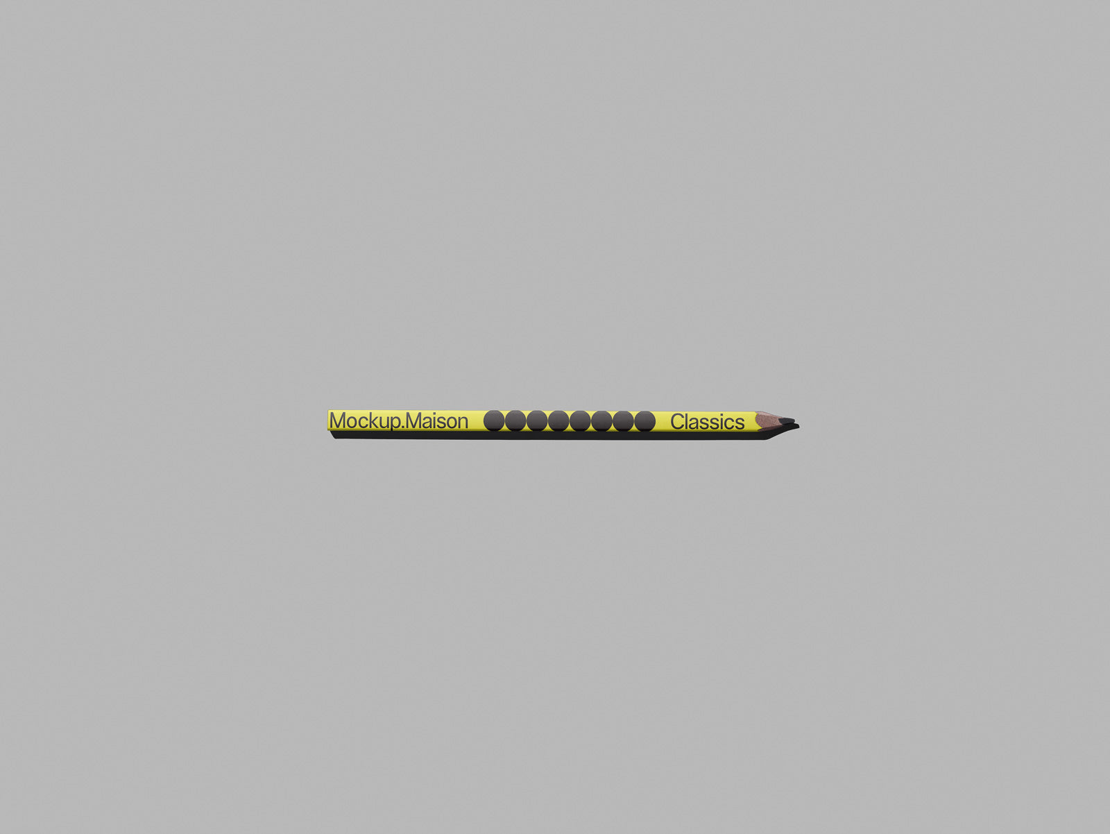 PSD mockup of a yellow pencil with "Mockup Maison Classics" text on a grey background.