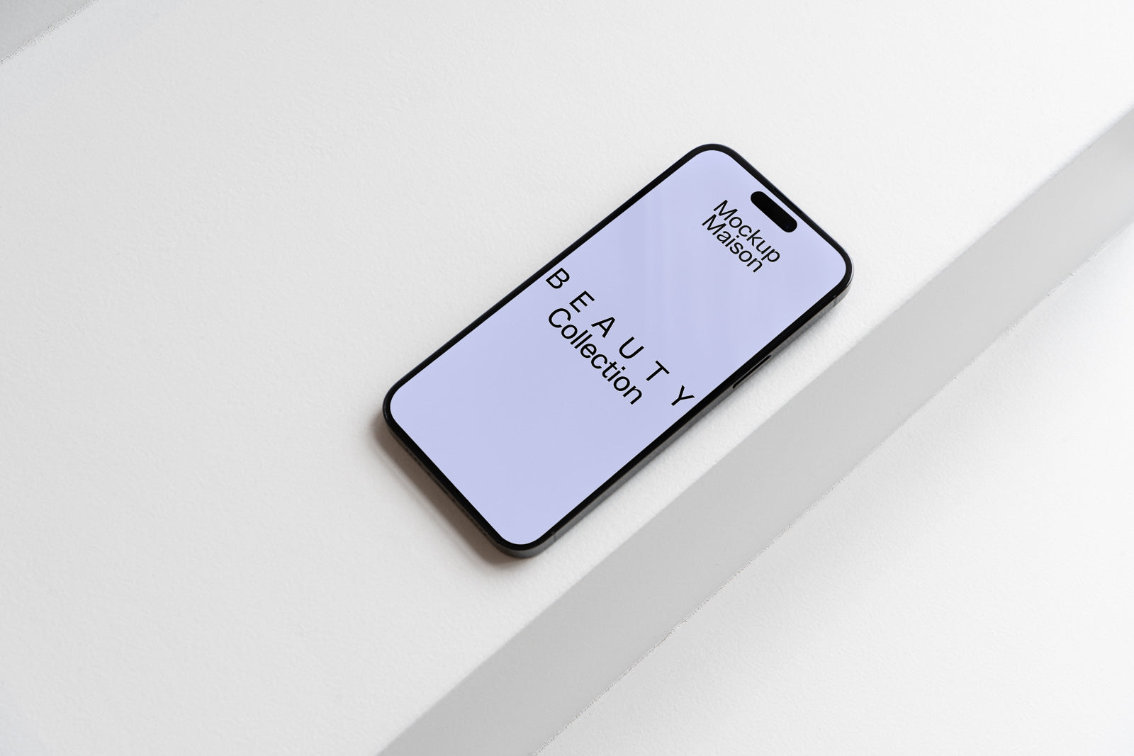 PSD mockup of a smartphone displaying "BEAUTY Collection" on a minimalist, elevated surface with white texture.
