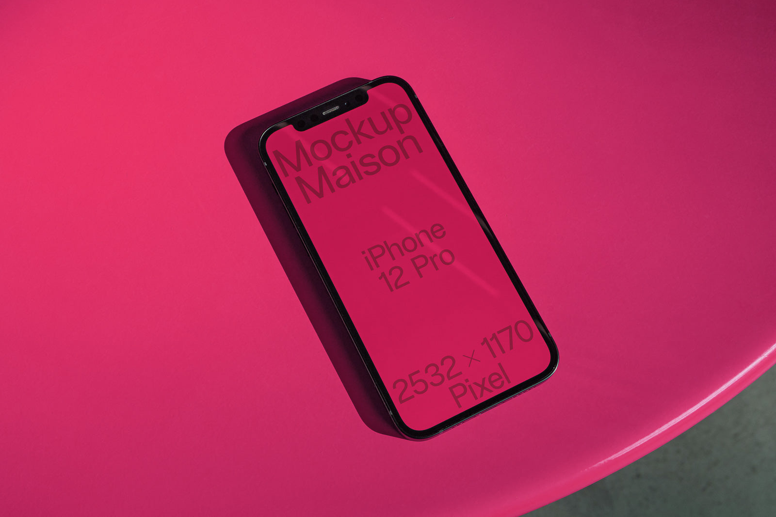 PSD mockup of an iPhone 12 Pro displayed on a vivid pink surface, highlighting its screen dimensions at 2532 x 1170 pixels.