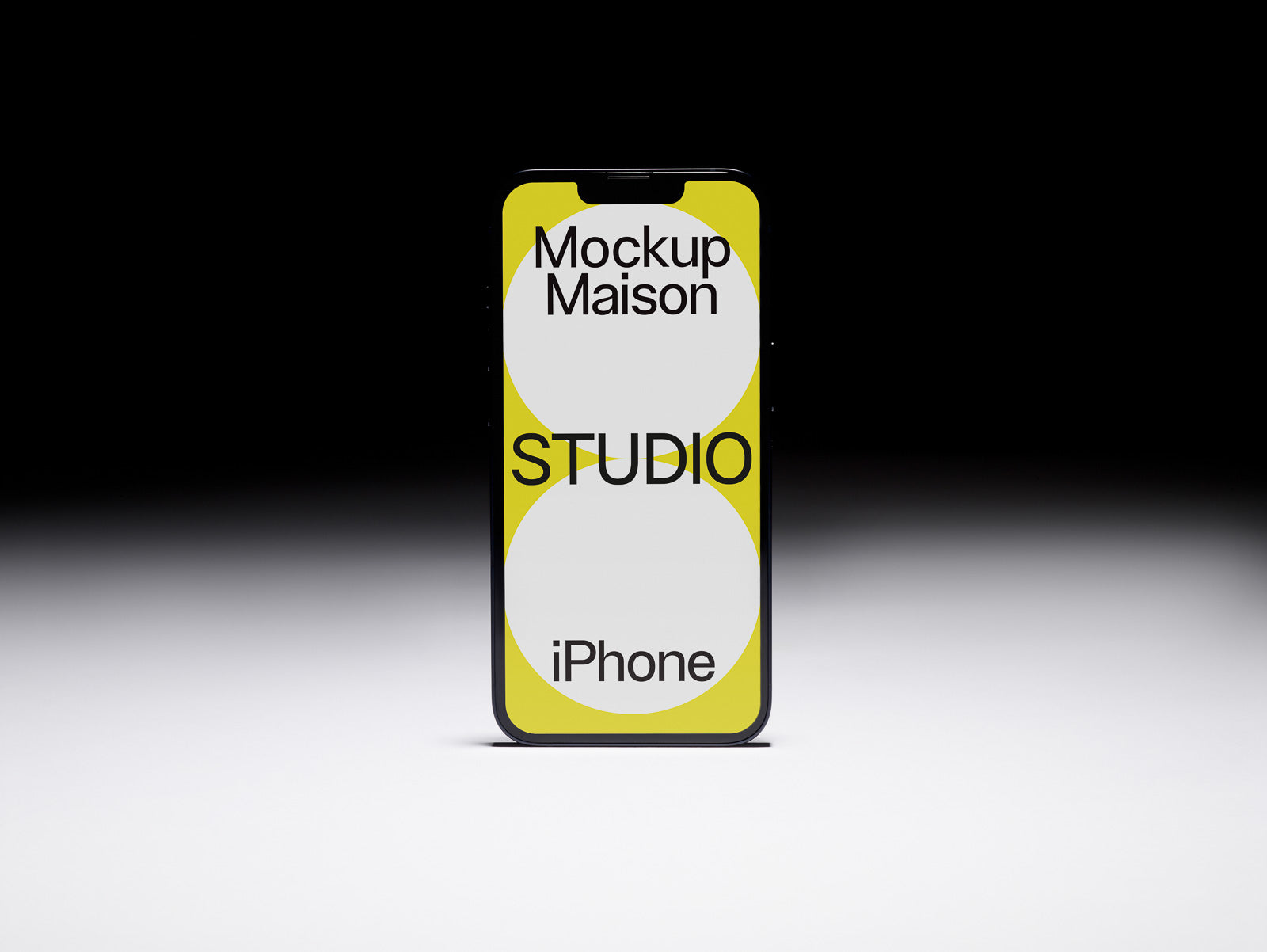 PSD mockup of an iPhone standing upright with "Mockup Maison STUDIO" displayed on a yellow and white background.