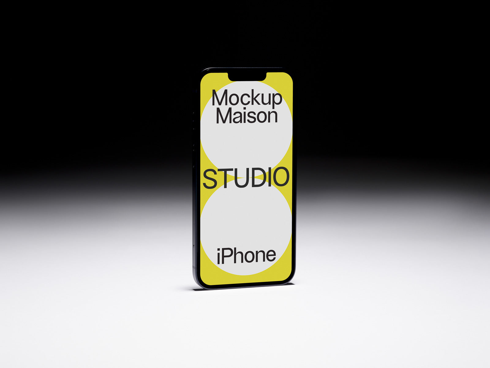 PSD mockup of a smartphone with a yellow and white design, featuring text: "Mockup Maison STUDIO iPhone." Display set against a gradient background.
