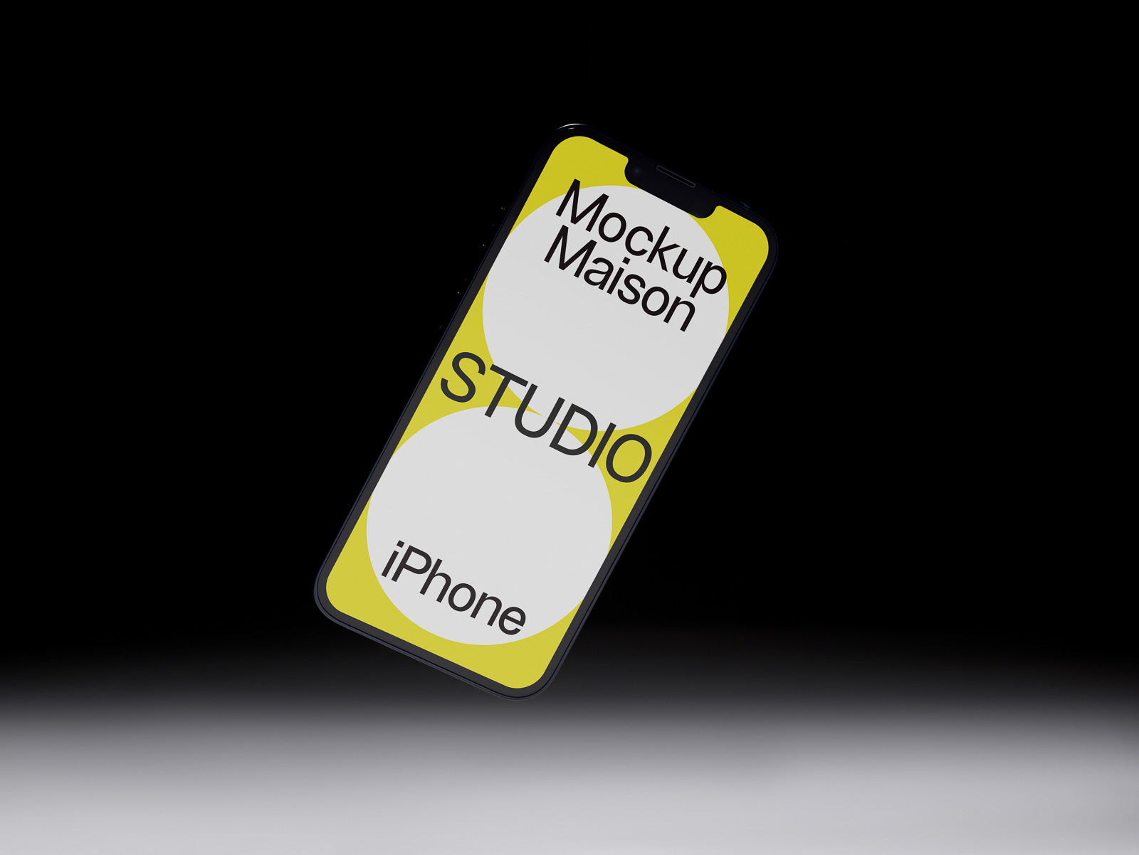 PSD mockup of a floating iPhone against a dark gradient background, displaying a design with yellow circles and text reading "Mockup Maison STUDIO."
