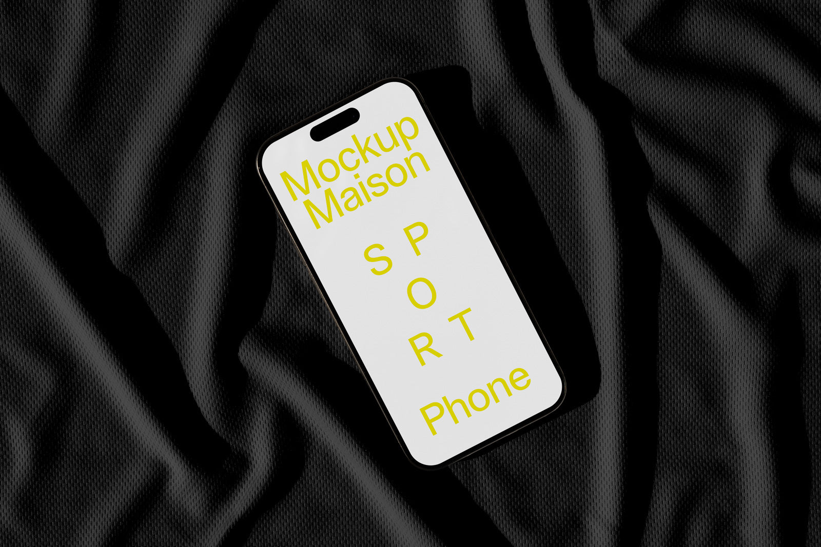 PSD mockup of a smartphone with a white screen displaying "Mockup Maison SPORT Phone" in yellow text, lying on a textured black fabric backdrop.