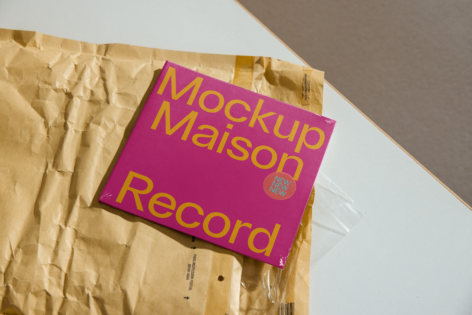 PSD mockup of a pink vinyl record cover with bold yellow text on a crumpled brown paper surface, featuring additional text "NEW NEW NEW."