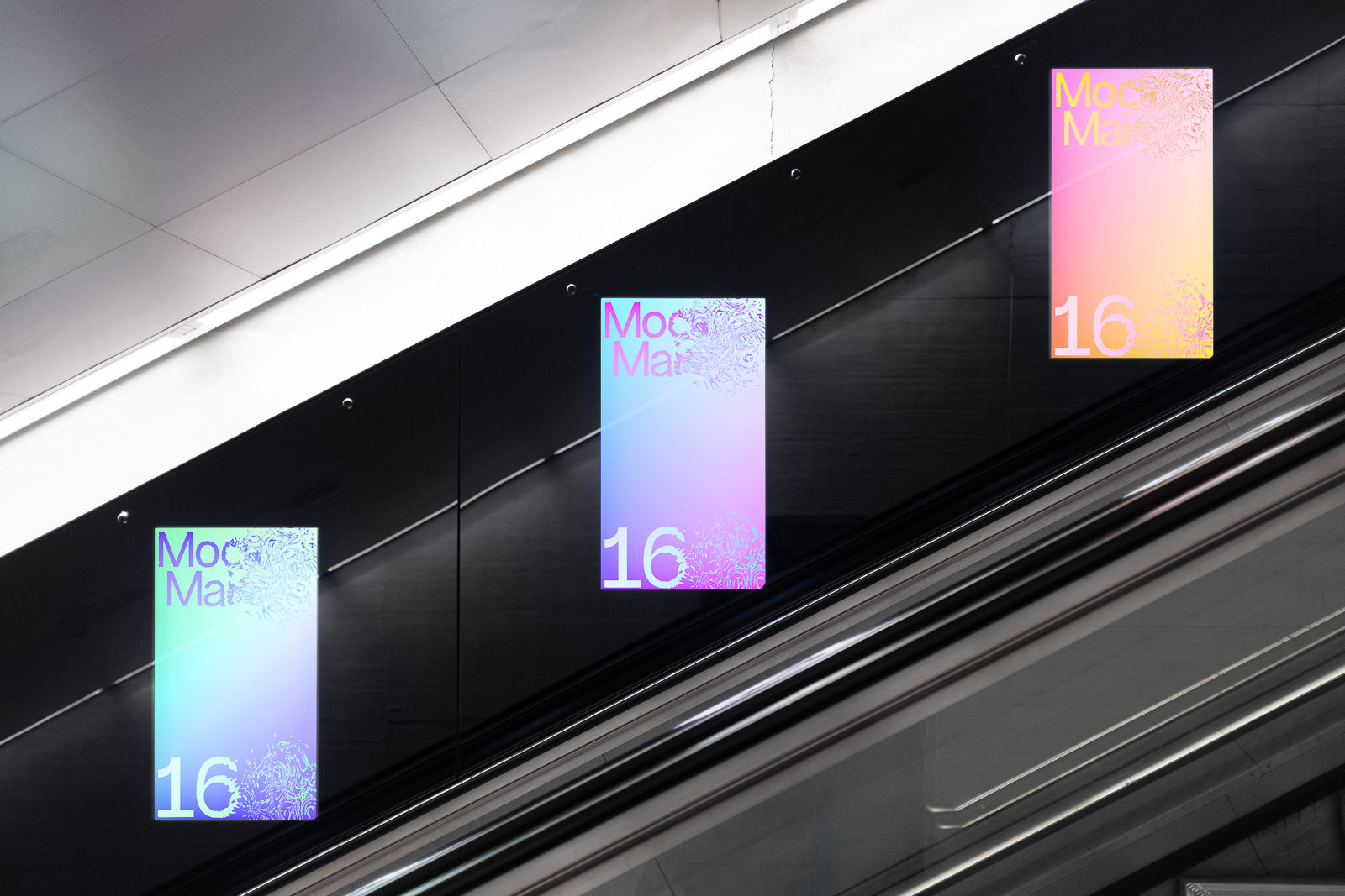 PSD mockup of vibrant poster designs displayed on escalator walls, featuring colorful gradients and the number 16 prominently.