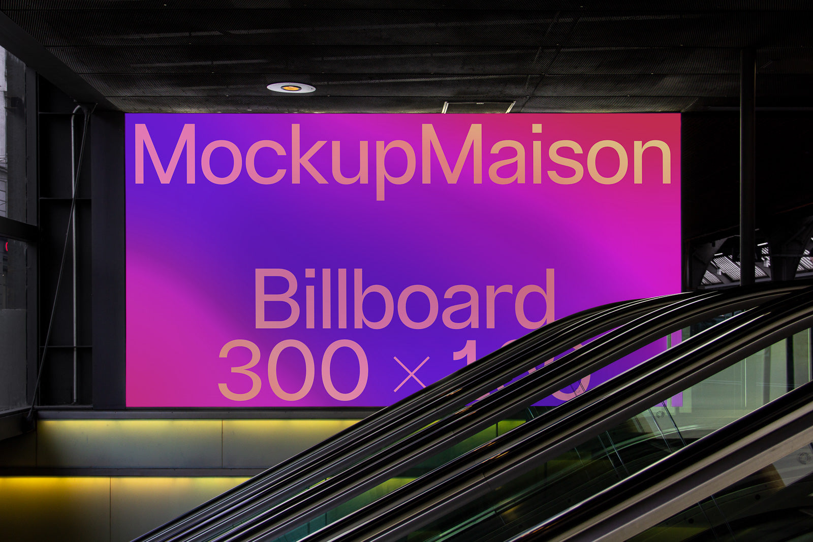 PSD mockup of a large billboard with "MockupMaison Billboard 300 x 100" text in a modern building setting, featuring bright gradients.
